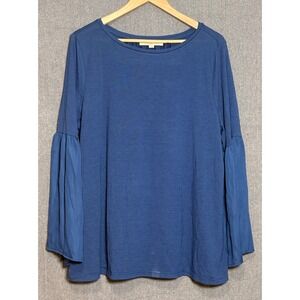 Loft Womens Blue Mixed Media Pleated Bell Sleeve Blouse Top XL
